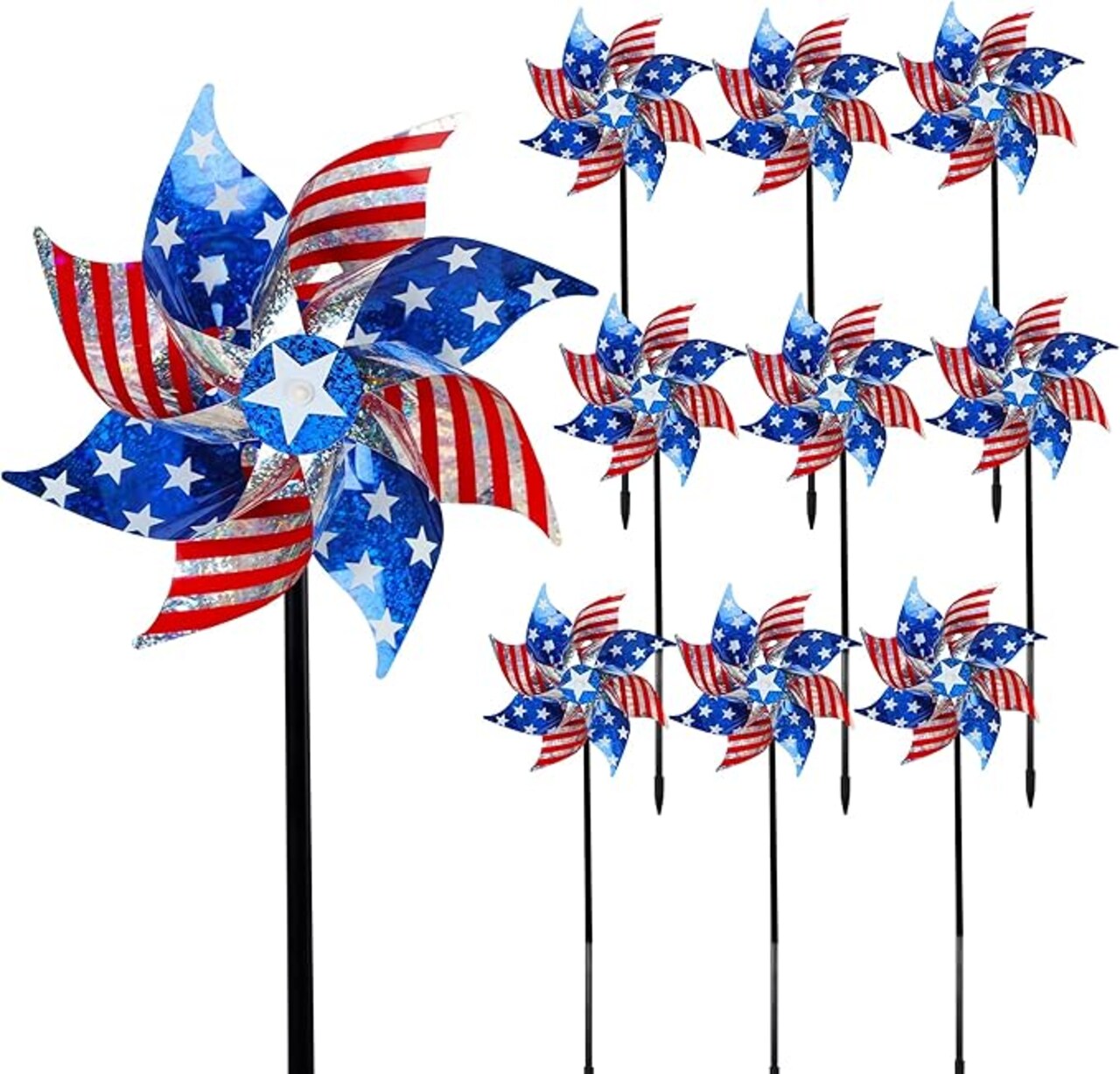 10 Pack Reflective Pinwheels Patriotic Decorations, American Flag on Stick Wind Spinner with Stake for Independence Day, Memorial Day July of 4th Party Supplies, Scare Birds Repellent Devices